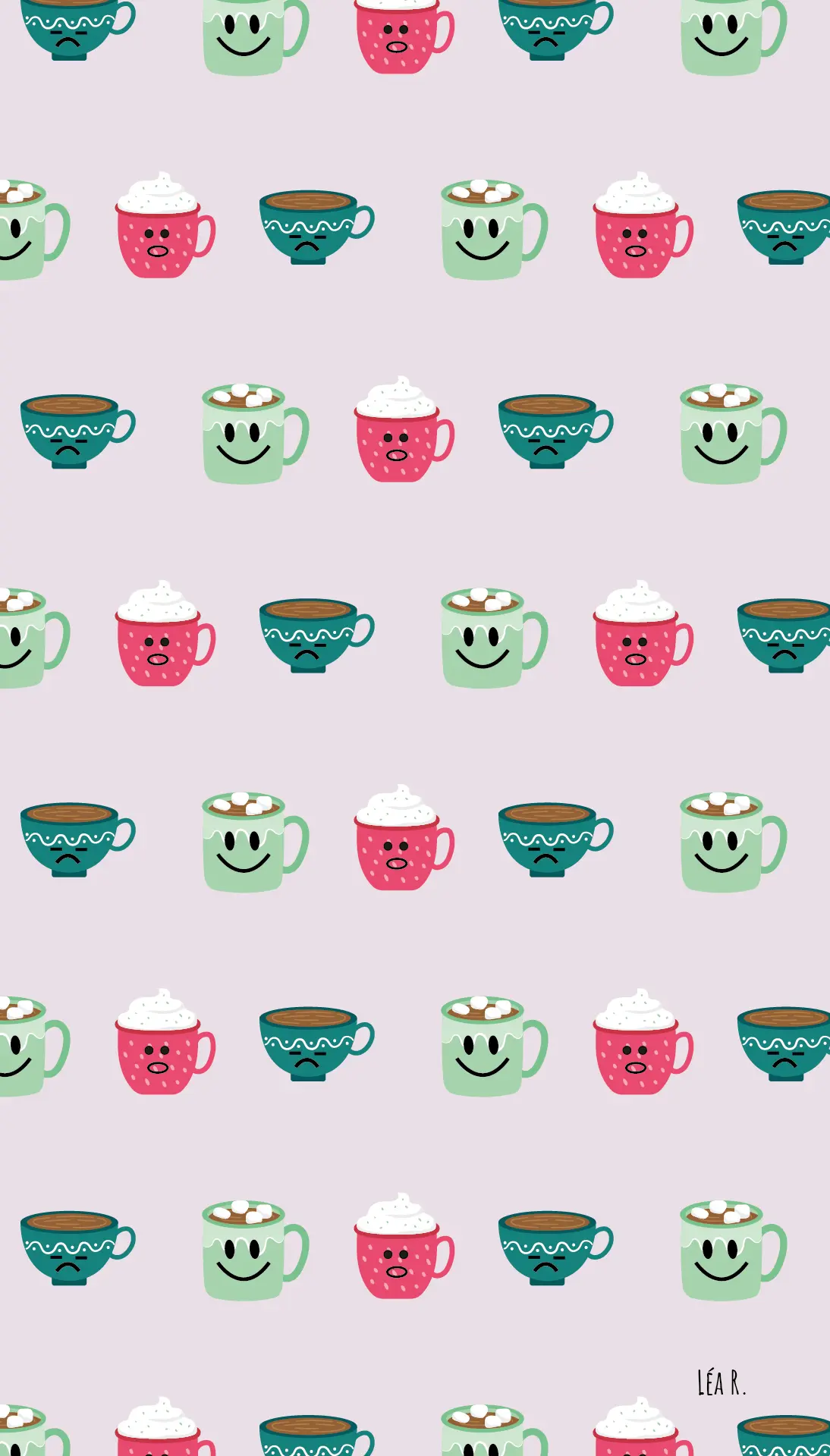 illustrtaion pour téléphone et ordinateur avec des tasses de café, chocolat chaud et thé avec des yeux et des boouches.